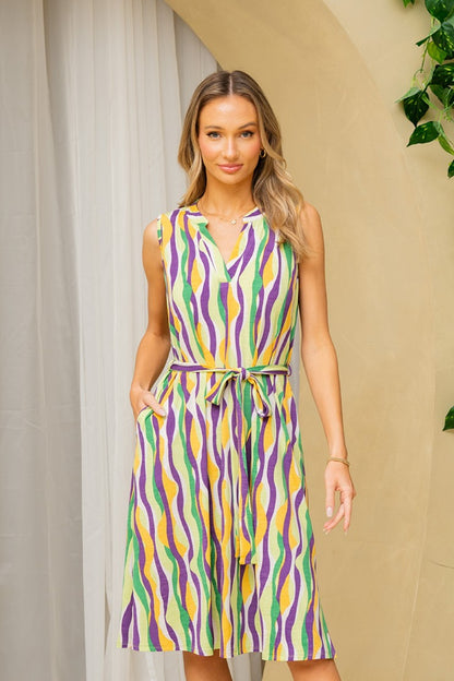 Sew In Love Full Size Stripe Tied Sleeveless Dress with Side Pockets Front View