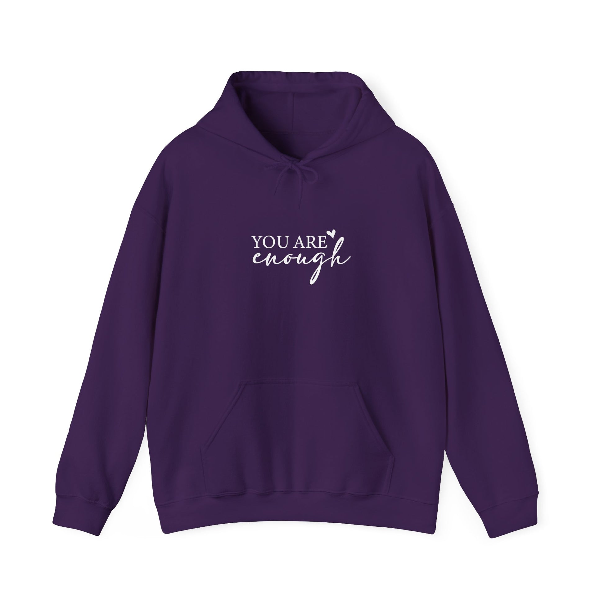 You Are Enough Hooded Sweatshirt Front View Purple