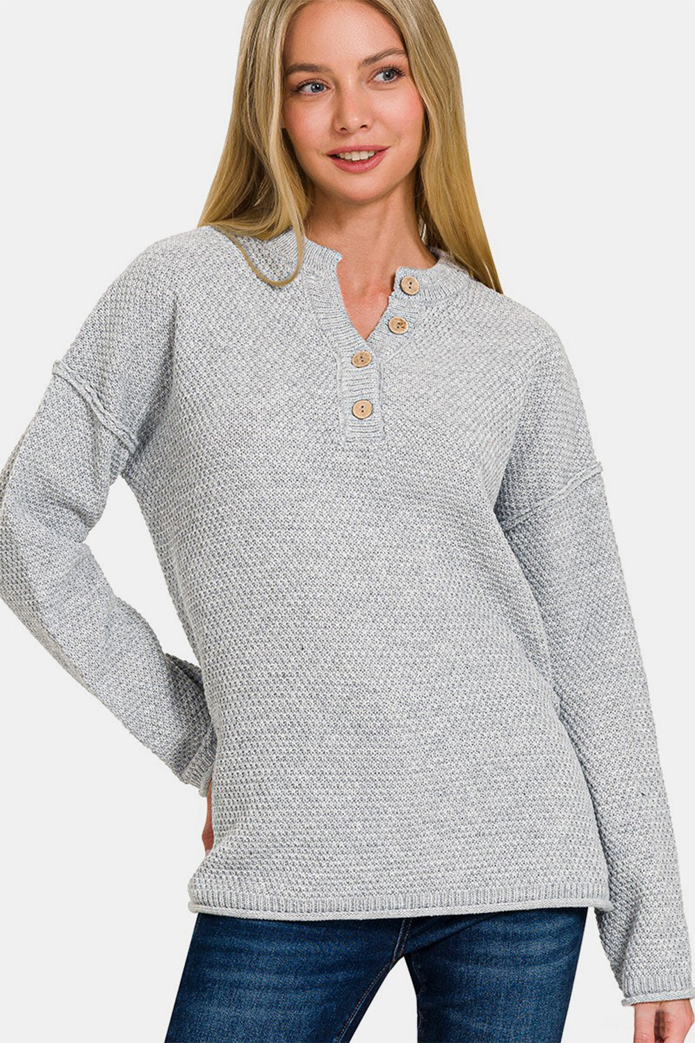 Zenana Button Closure Drop Shoulder Sweater Front View
