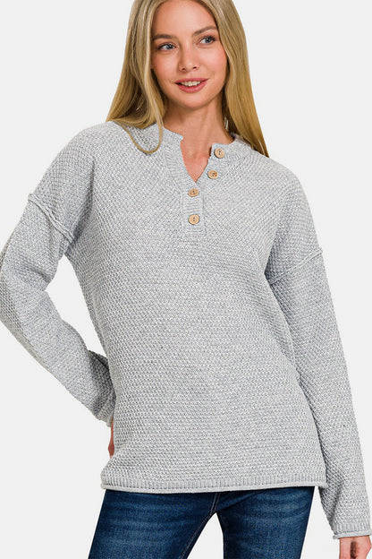 Zenana Button Closure Drop Shoulder Sweater Front View