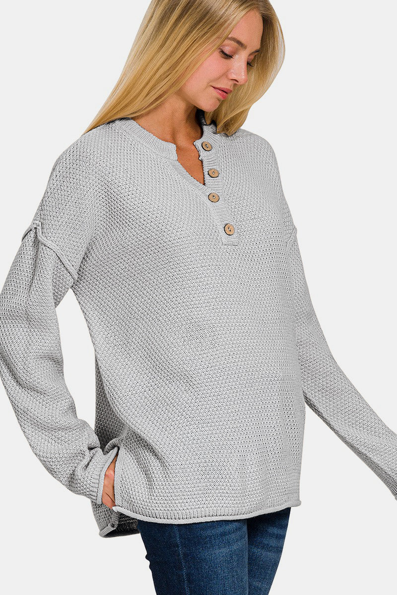 Zenana Button Closure Drop Shoulder Sweater Side View
