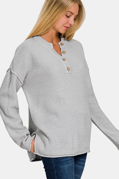 Zenana Button Closure Drop Shoulder Sweater Side View