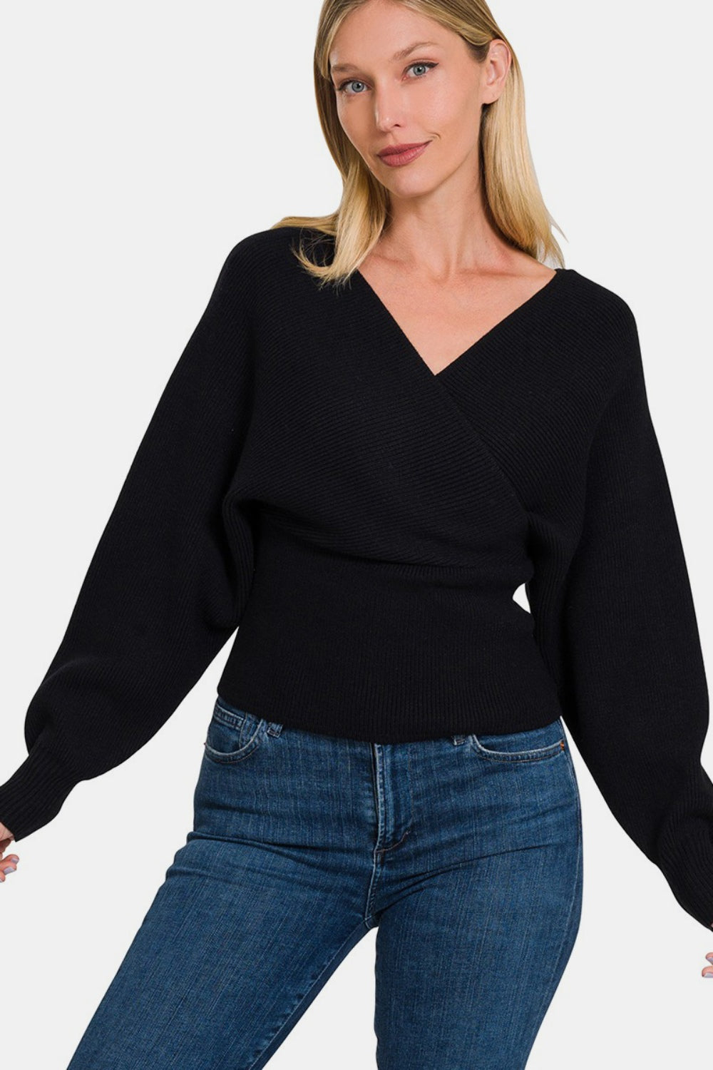 Zenana Cross Wrap Rib Long Sleeve Sweater Alternate Front View Black