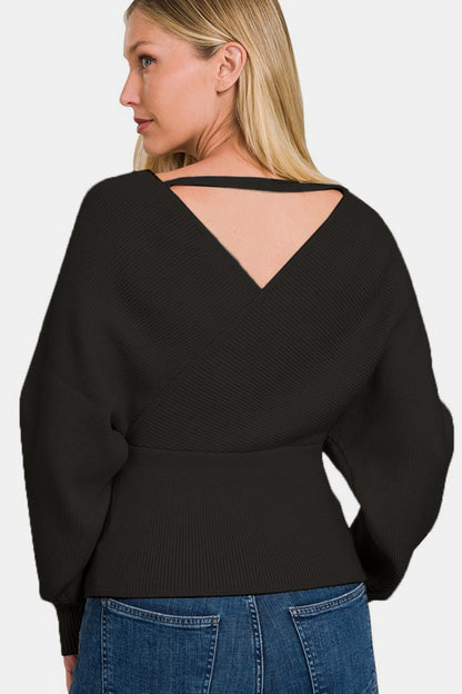 Zenana Cross Wrap Rib Long Sleeve Sweater Back View Black