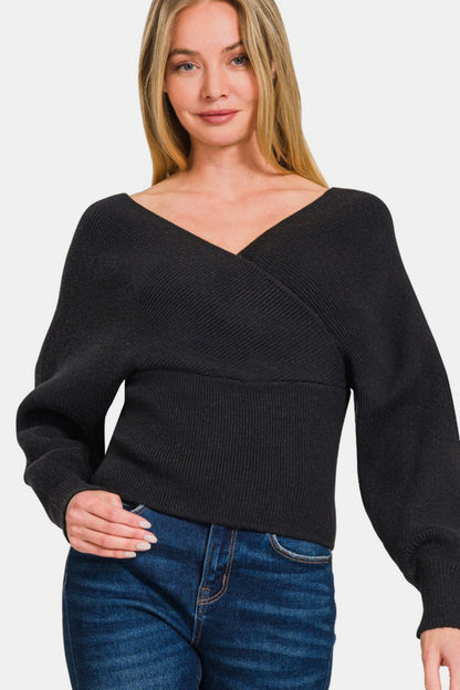 Zenana Cross Wrap Rib Long Sleeve Sweater Front View Black