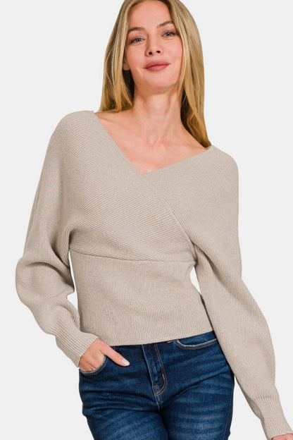 Zenana Cross Wrap Rib Long Sleeve Sweater Front View H Mocha