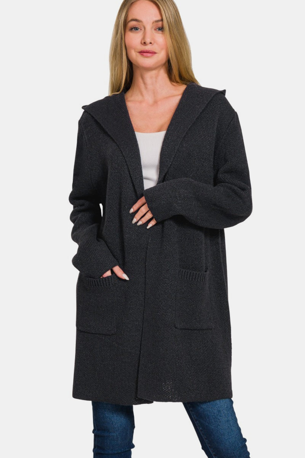 Zenana Hooded Open Front Sweater Cardigan Alternate Front View Black