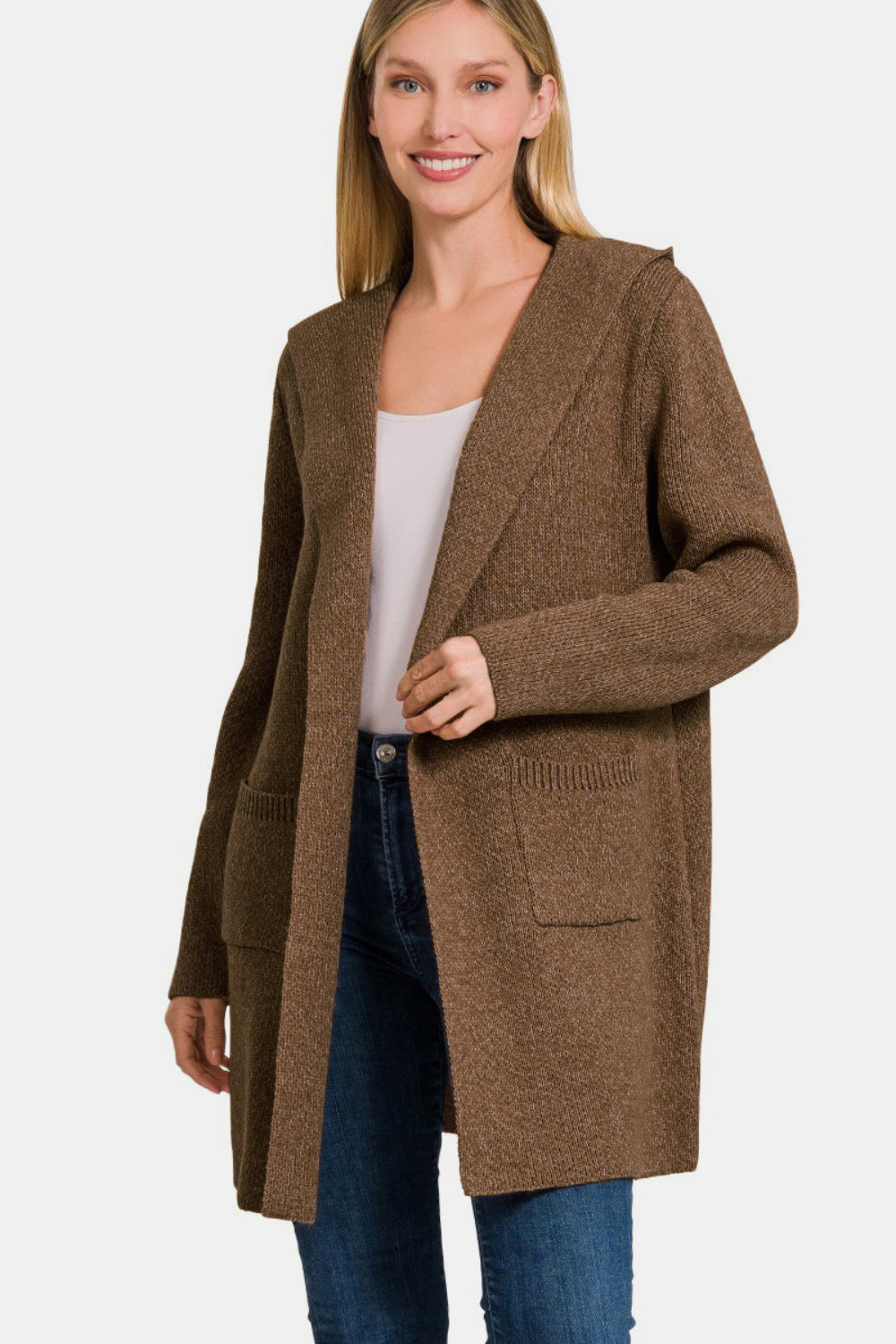 Zenana Hooded Open Front Sweater Cardigan Alternate Front View Brown