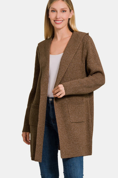 Zenana Hooded Open Front Sweater Cardigan Alternate Front View Brown