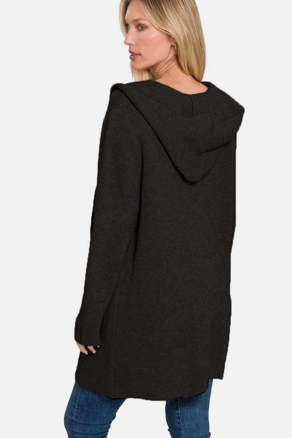 Zenana Hooded Open Front Sweater Cardigan Back View Black