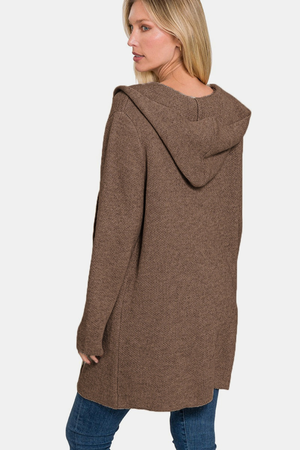 Zenana Hooded Open Front Sweater Cardigan Back View Brown