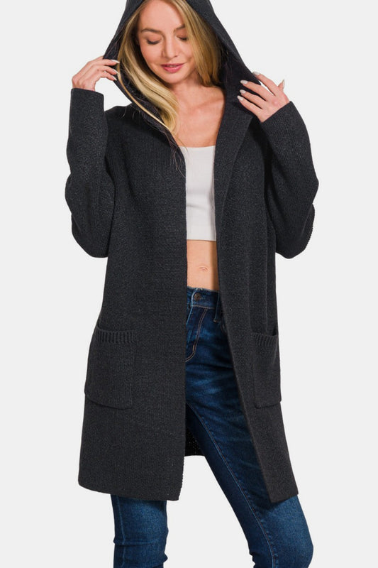 Zenana Hooded Open Front Sweater Cardigan Front View Black