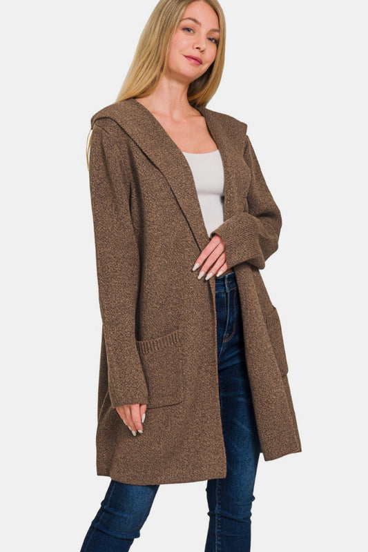 Zenana Hooded Open Front Sweater Cardigan Front View Brown