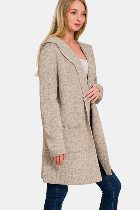 Zenana Hooded Open Front Sweater Cardigan Side View H Mocha