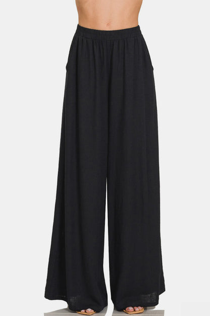 Zenana Pleated Linen Blend Wide Leg Pants Alternate Front View Black