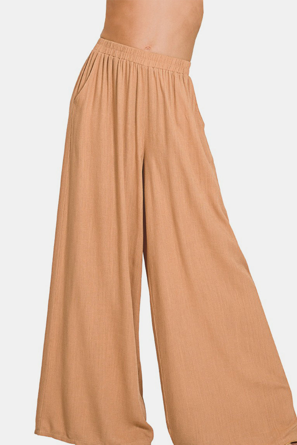 Zenana Pleated Linen Blend Wide Leg Pants Alternate Front View Dk Brush