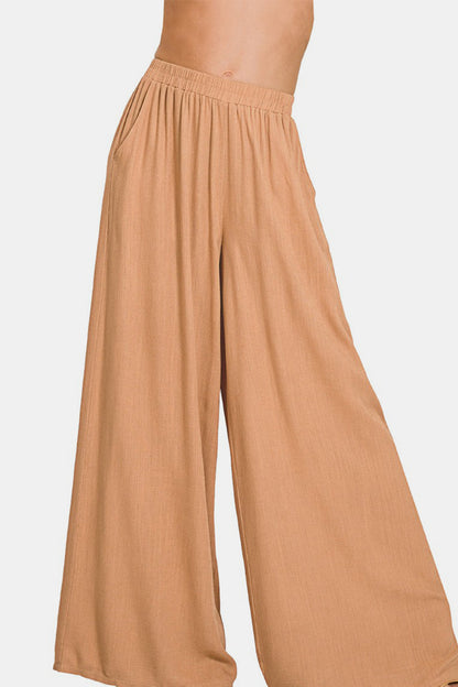 Zenana Pleated Linen Blend Wide Leg Pants Alternate Front View Dk Brush