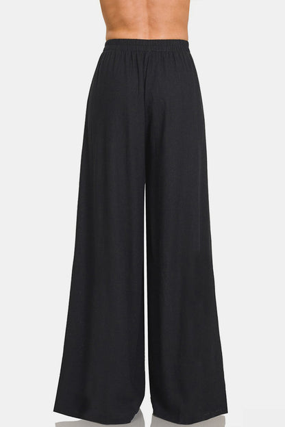 Zenana Pleated Linen Blend Wide Leg Pants Back View Black