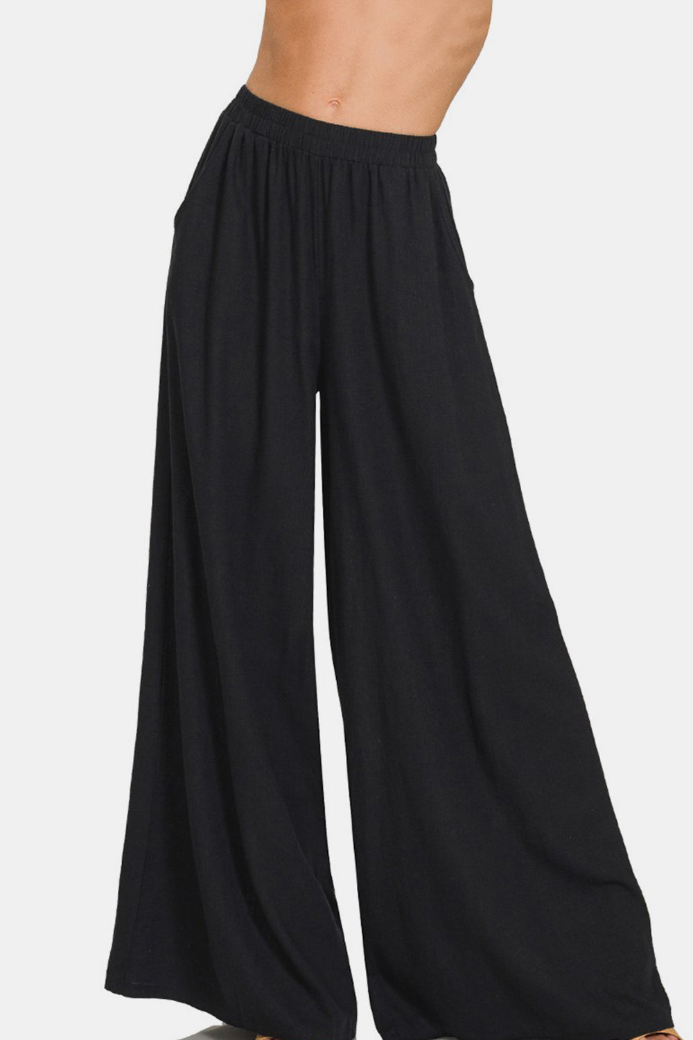 Zenana Pleated Linen Blend Wide Leg Pants Front View Black