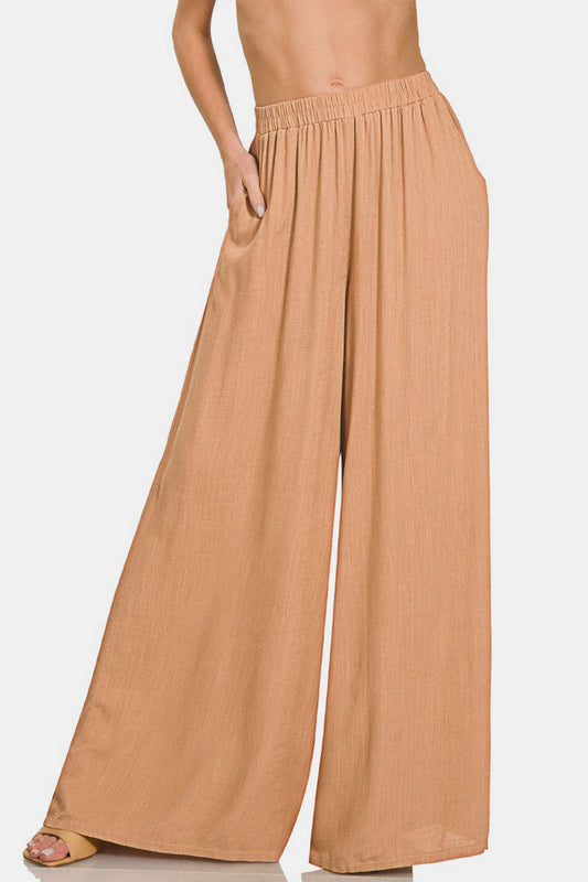 Zenana Pleated Linen Blend Wide Leg Pants Front View Dk Brush