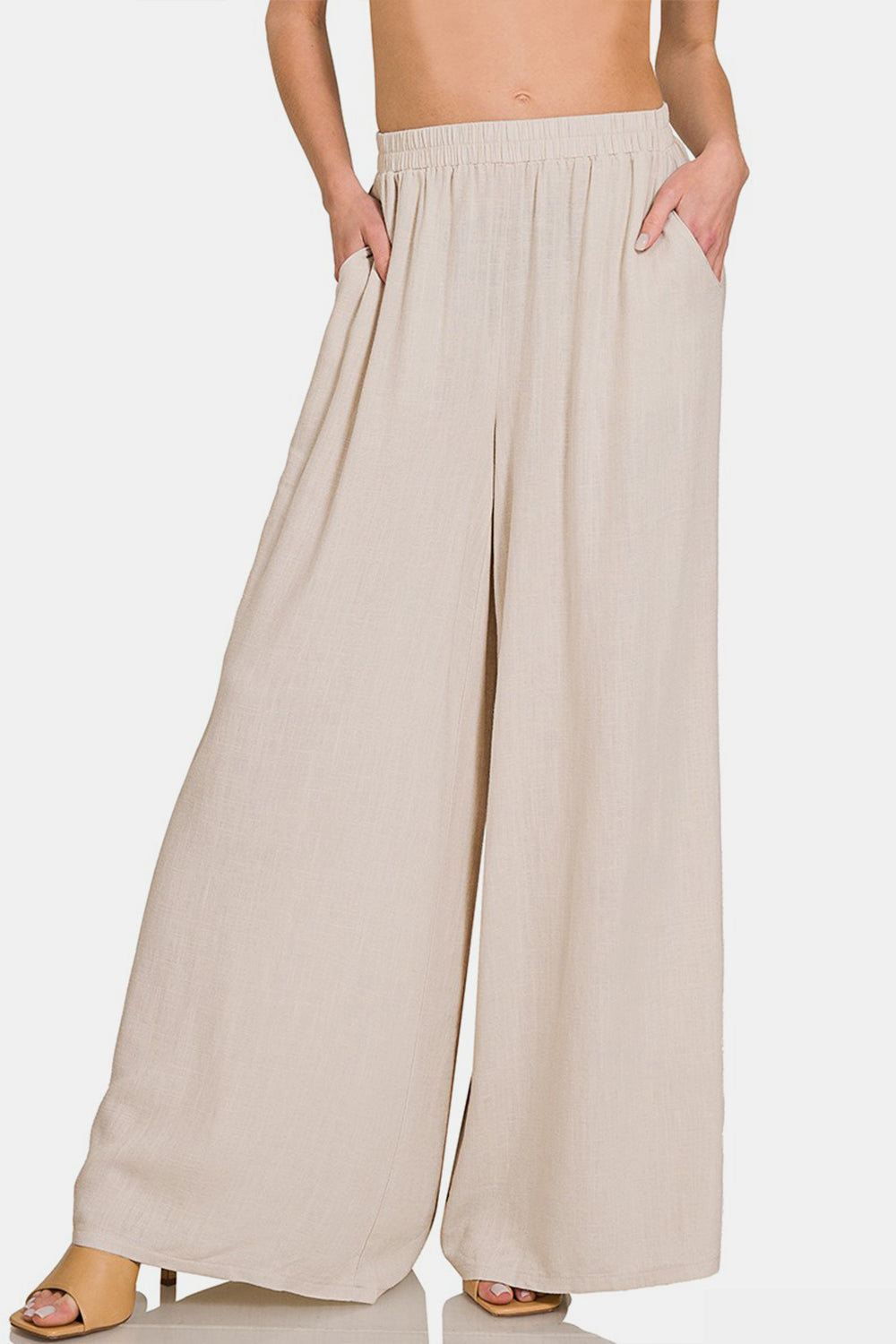 Zenana Pleated Linen Blend Wide Leg Pants Front View Sand Beige