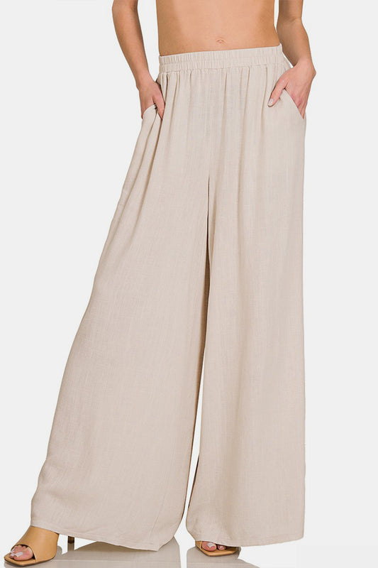 Zenana Pleated Linen Blend Wide Leg Pants Front View Sand Beige