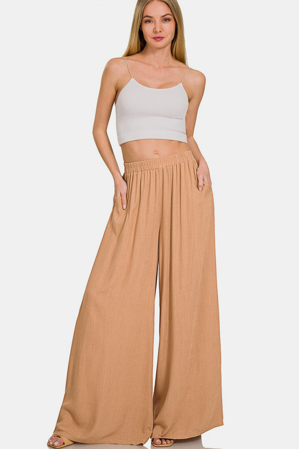 Zenana Pleated Linen Blend Wide Leg Pants Full Frontal Dk Brush