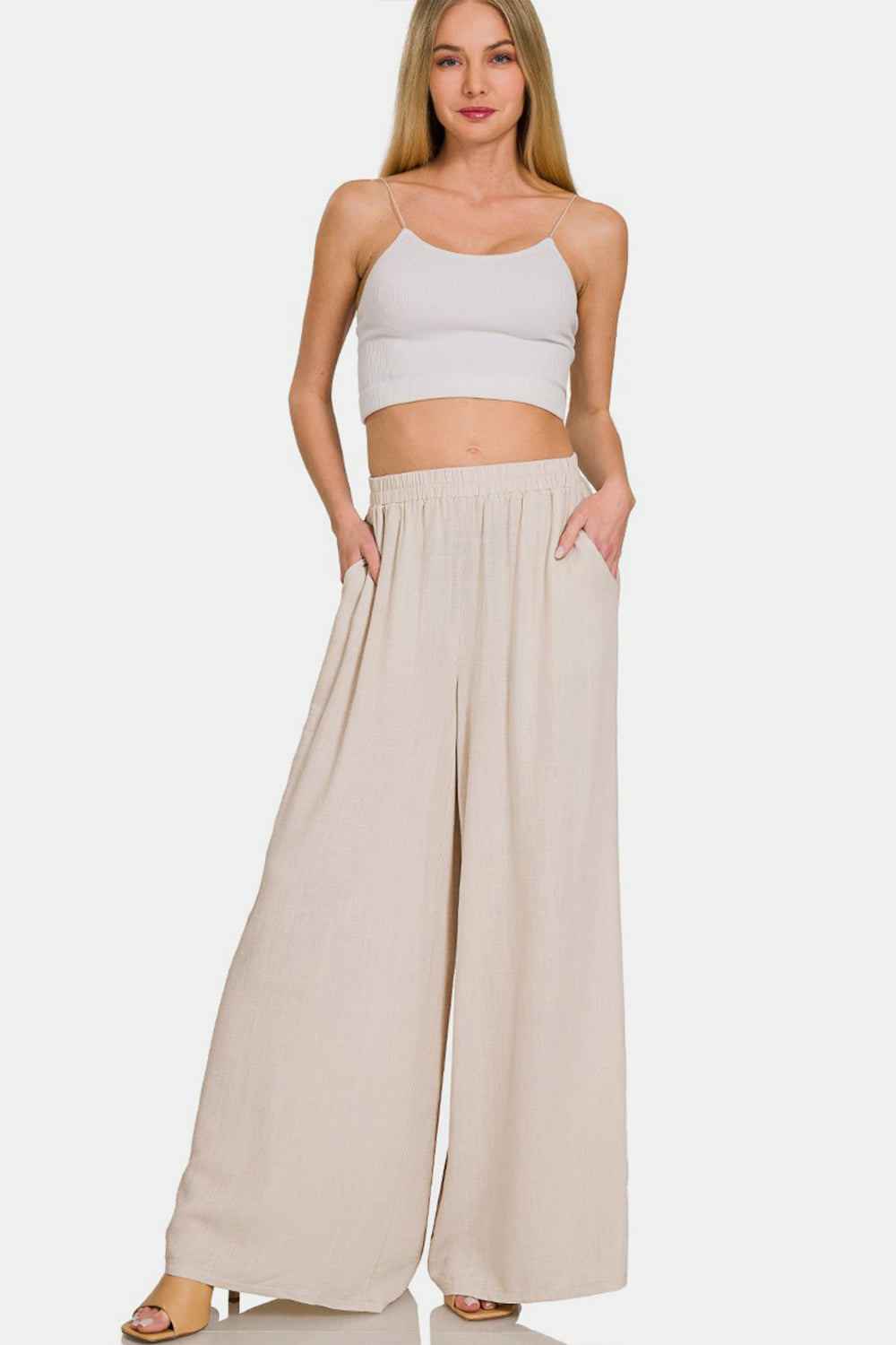 Zenana Pleated Linen Blend Wide Leg Pants Full Frontal View Sand Beige