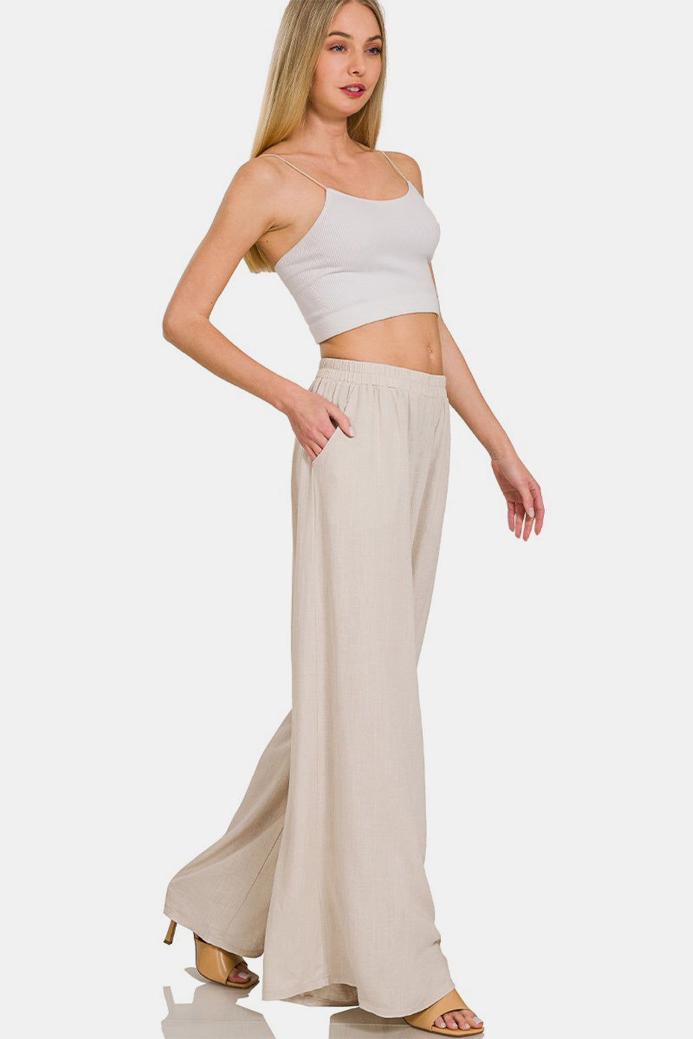 Zenana Pleated Linen Blend Wide Leg Pants Full Side View Sand Beige