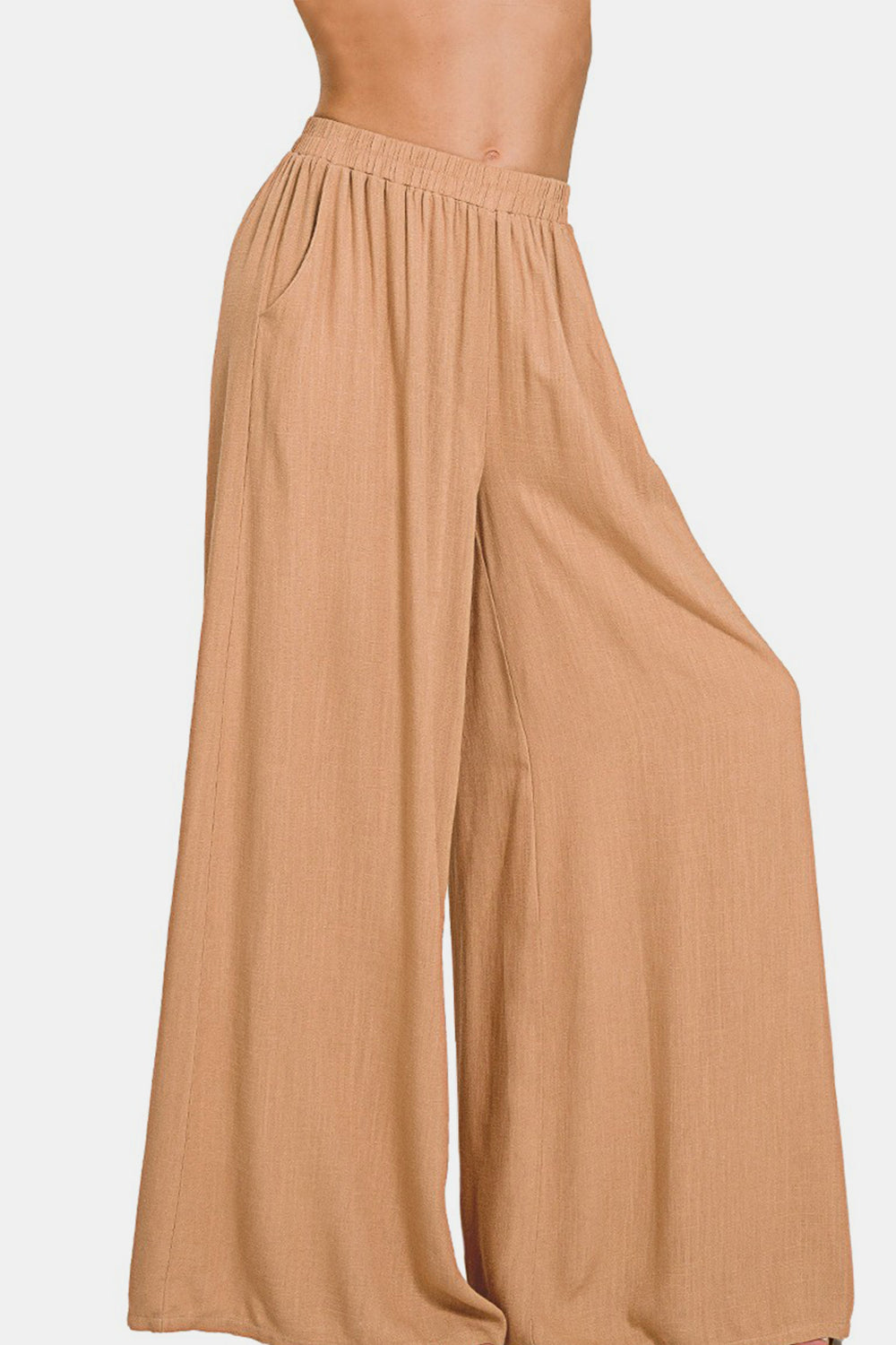 Zenana Pleated Linen Blend Wide Leg Pants Side View Dk Brush