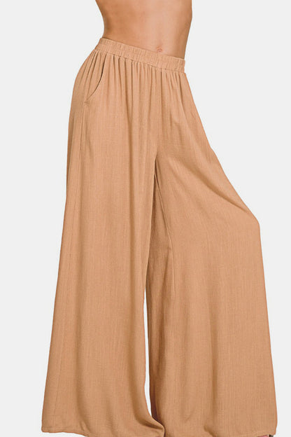 Zenana Pleated Linen Blend Wide Leg Pants Side View Dk Brush