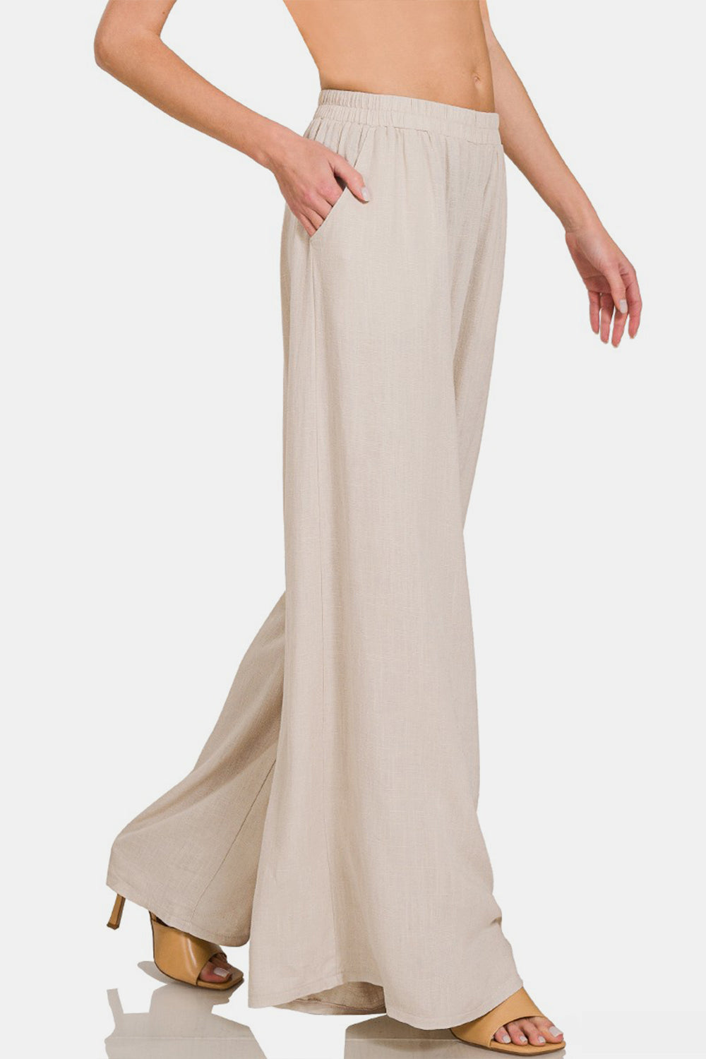Zenana Pleated Linen Blend Wide Leg Pants Side View Sand Beige