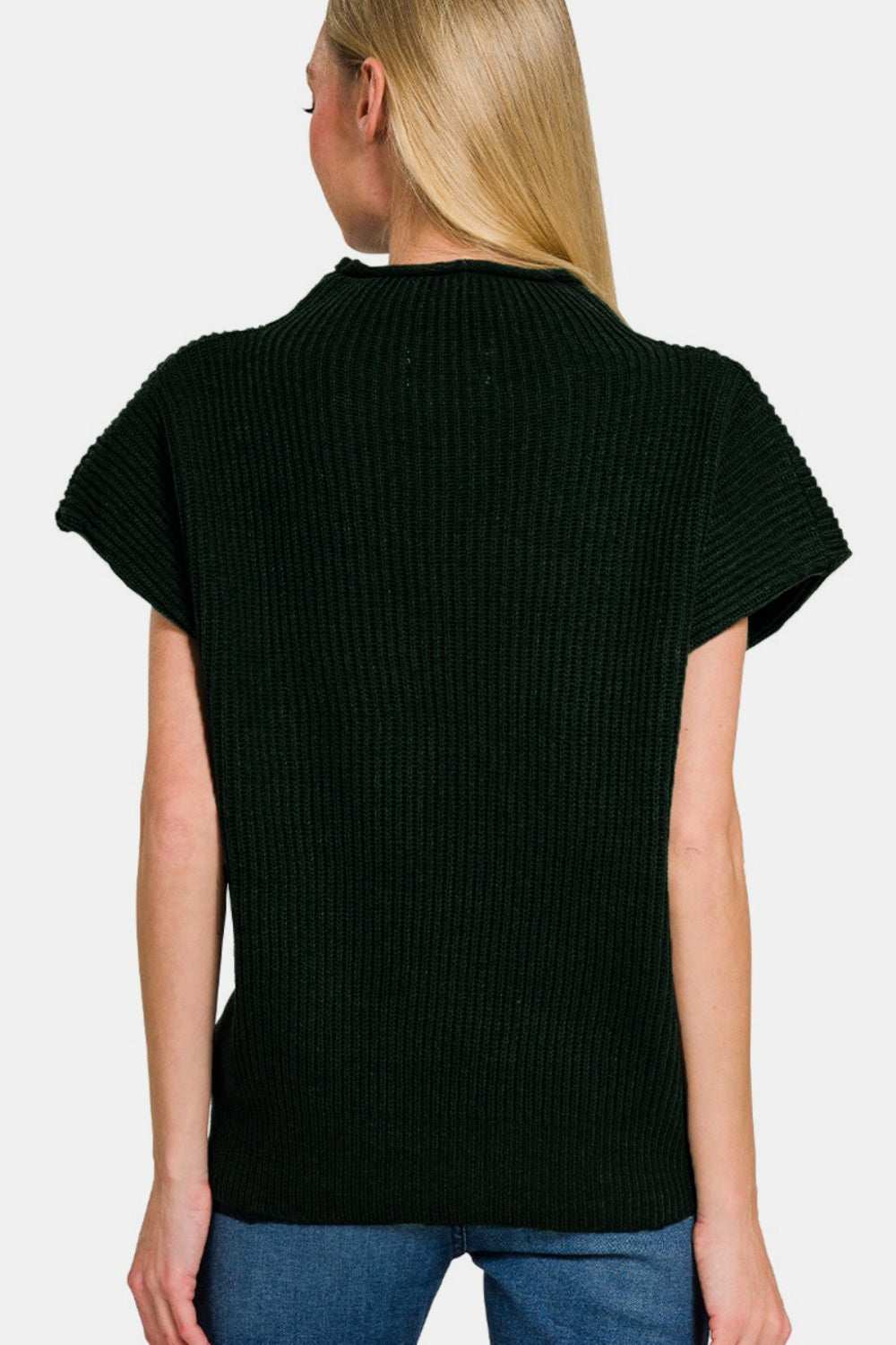 Zenana Short Sleeve Mock Neck Sweater Back View Black