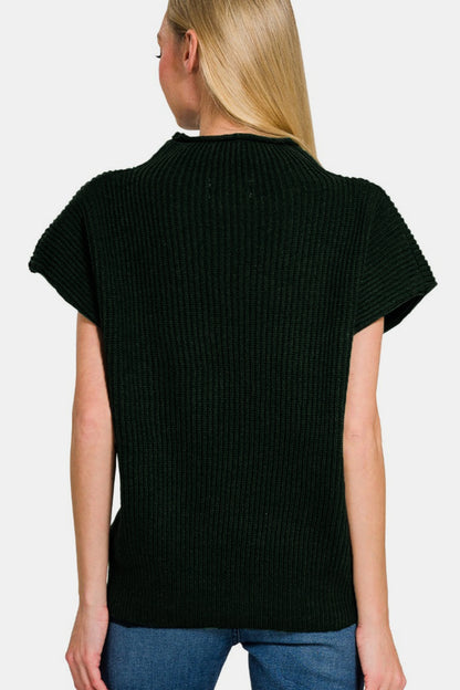 Zenana Short Sleeve Mock Neck Sweater Back View Black