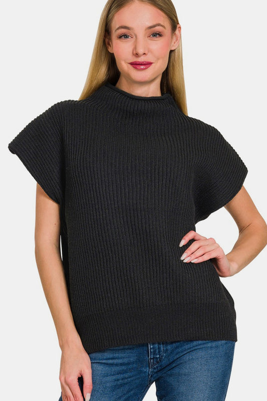 Zenana Short Sleeve Mock Neck Sweater Front View Black