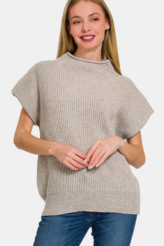 Zenana Short Sleeve Mock Neck Sweater Front View H Mocha