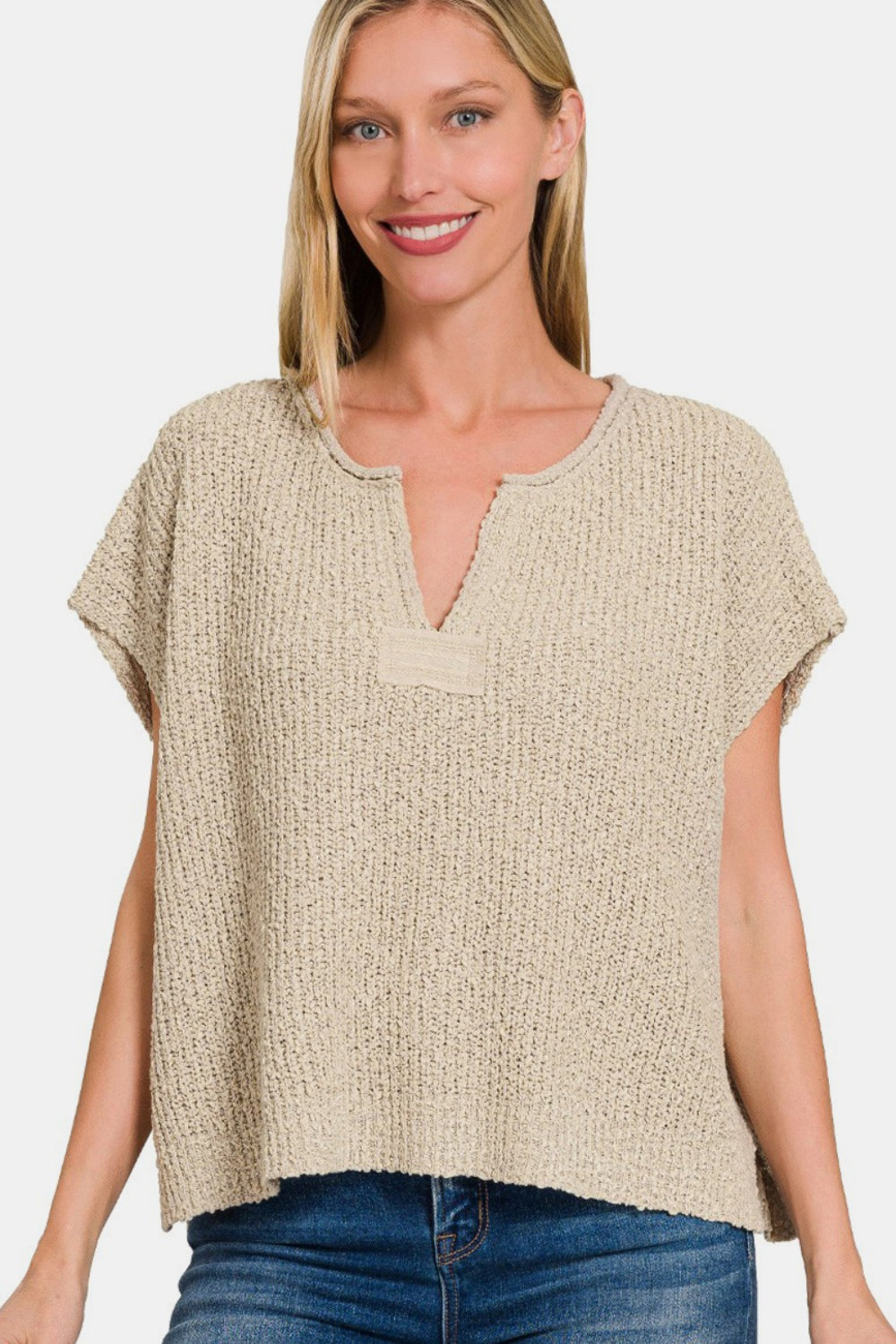 Zenana Short Sleeve Side Slit Sweater Alternate Front View H Mocha