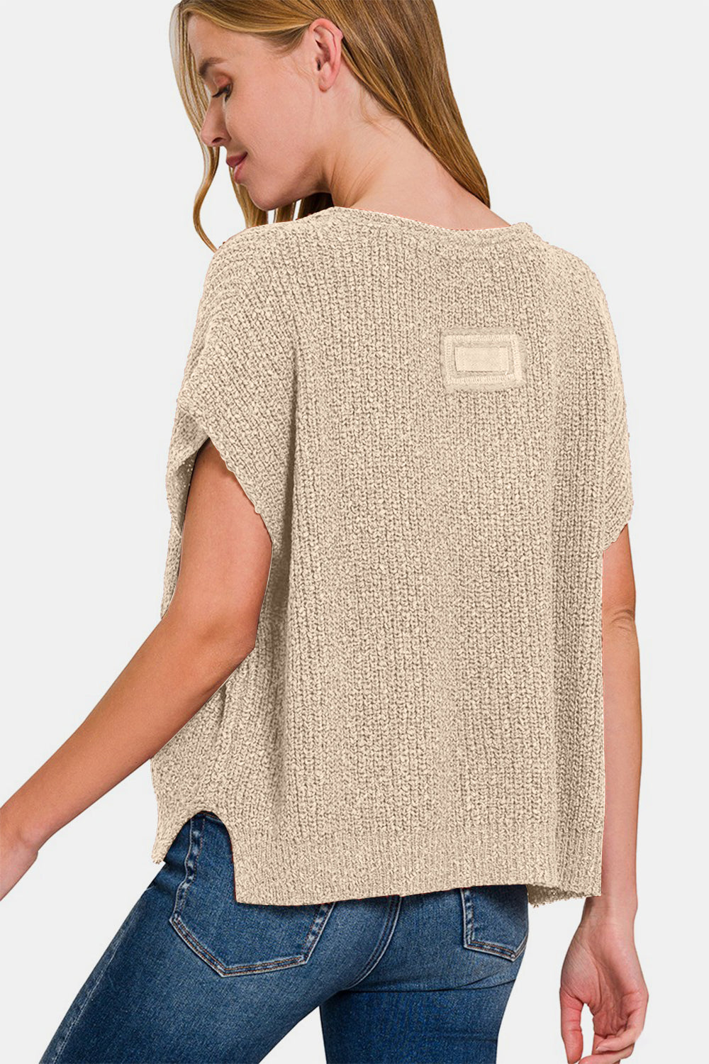 Zenana Short Sleeve Side Slit Sweater Back View H Mocha
