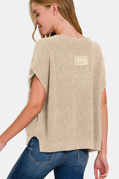 Zenana Short Sleeve Side Slit Sweater Back View H Mocha