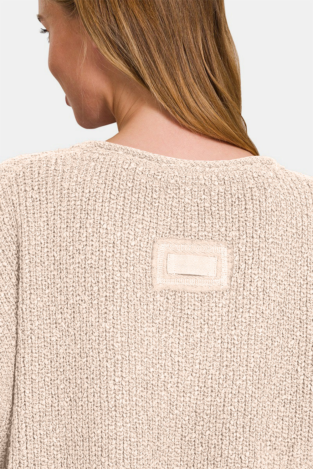 Zenana Short Sleeve Side Slit Sweater Back View Sand Beige