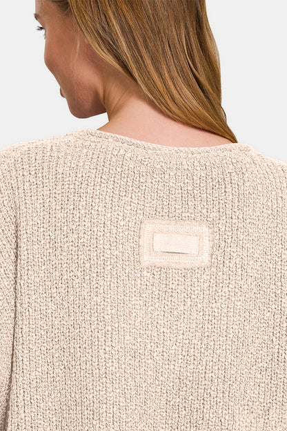 Zenana Short Sleeve Side Slit Sweater Back View Sand Beige