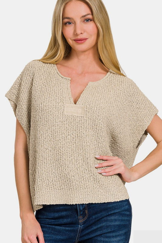 Zenana Short Sleeve Side Slit Sweater Front View H Mocha