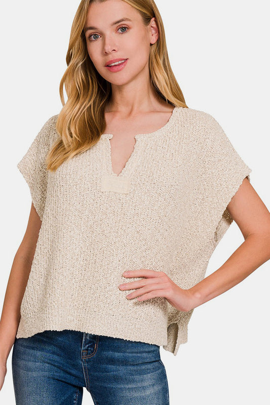 Zenana Short Sleeve Side Slit Sweater Front View Sand Beige