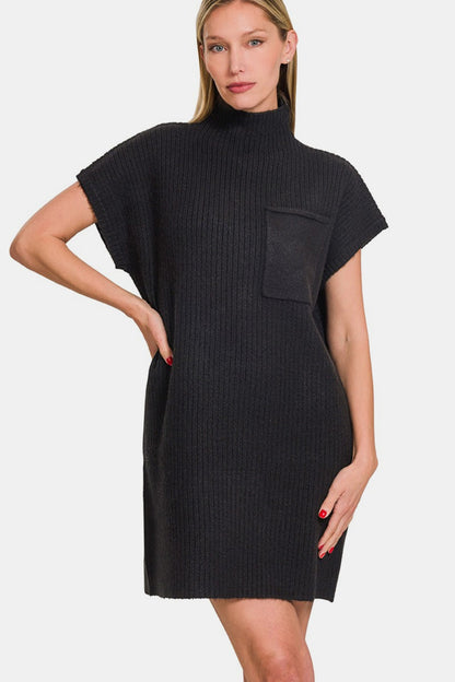 Zenana Short Sleeve Sweater Mini Dress Alternate Front View Black