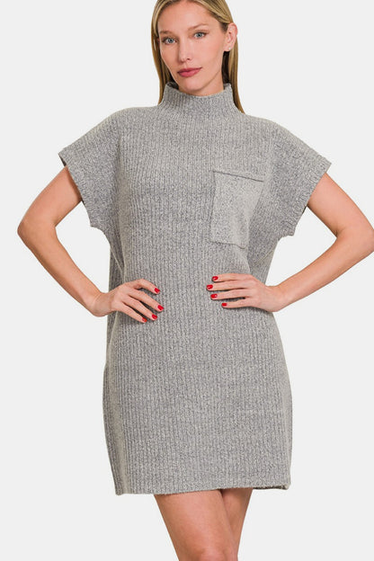 Zenana Short Sleeve Sweater Mini Dress Alternate Front View Grey