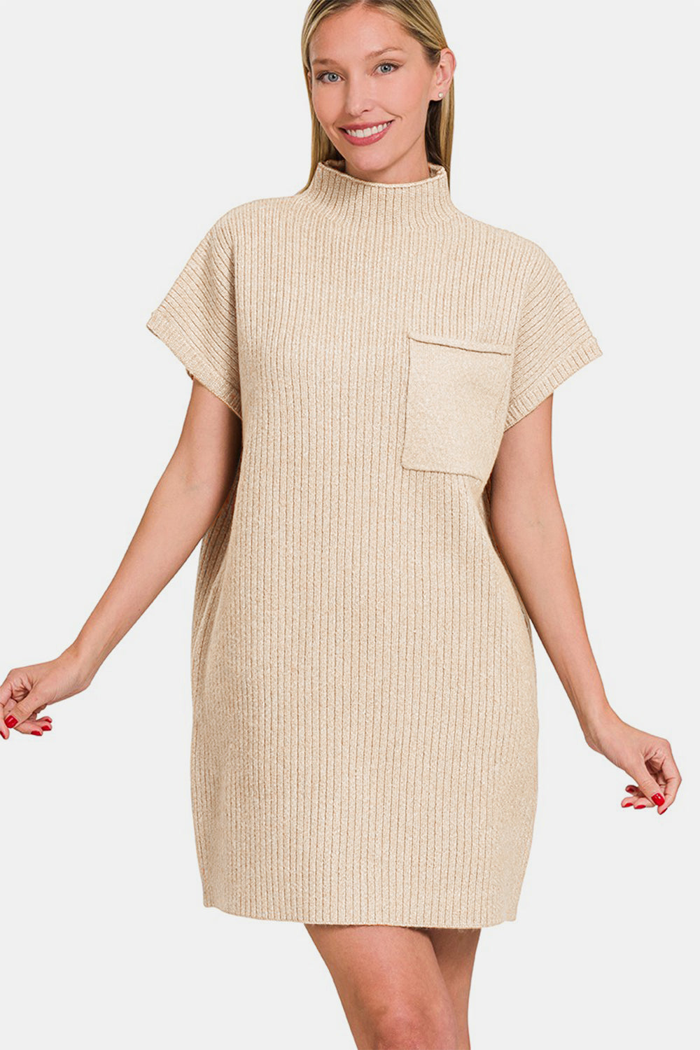 Zenana Short Sleeve Sweater Mini Dress Alternate Front View Sand Beige