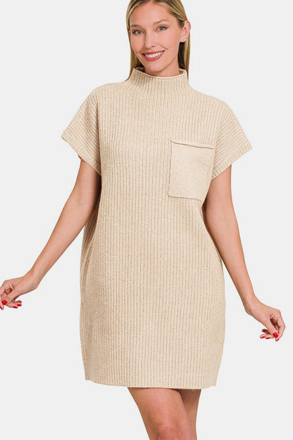 Zenana Short Sleeve Sweater Mini Dress Alternate Front View Sand Beige