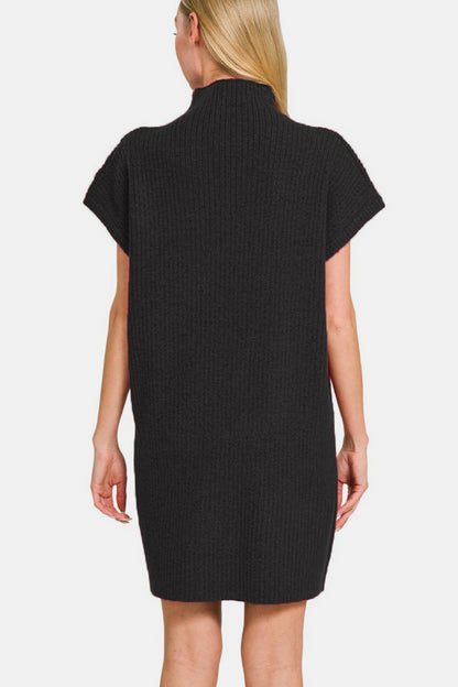 Zenana Short Sleeve Sweater Mini Dress Back View Black
