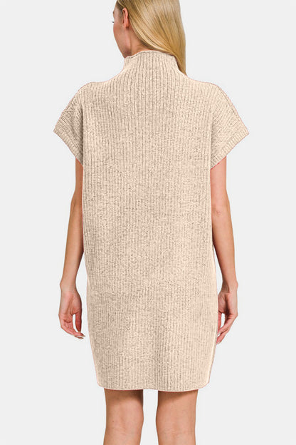 Zenana Short Sleeve Sweater Mini Dress Back View Sand Beige