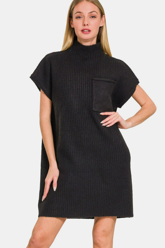 Zenana Short Sleeve Sweater Mini Dress Front View Black